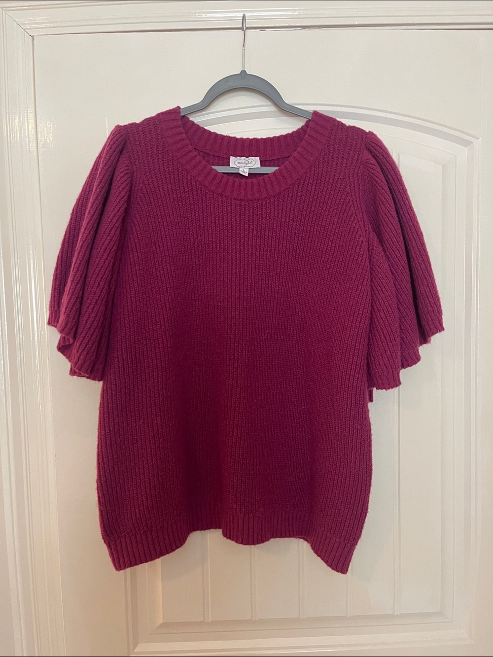 Mud Pie Ribbed Puff Short-Sleeve Sweater in Plum